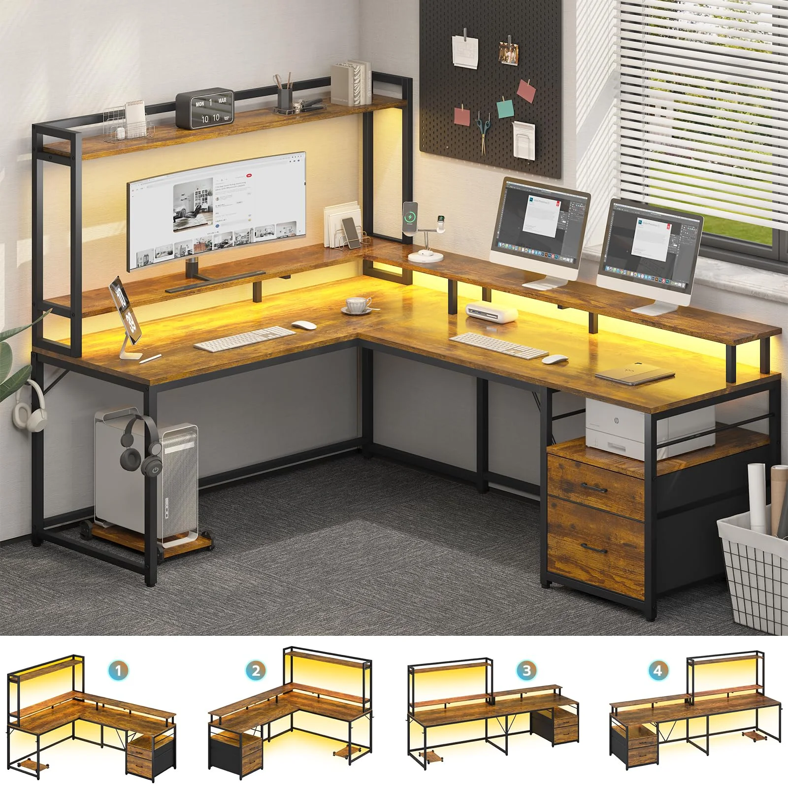 SEDETA 94.4" L Shaped Desk with Hutch, Home Office Desk with File Drawers, Keyboard Tray, Monitor Stand, Storage Shelves, Rustic Brown