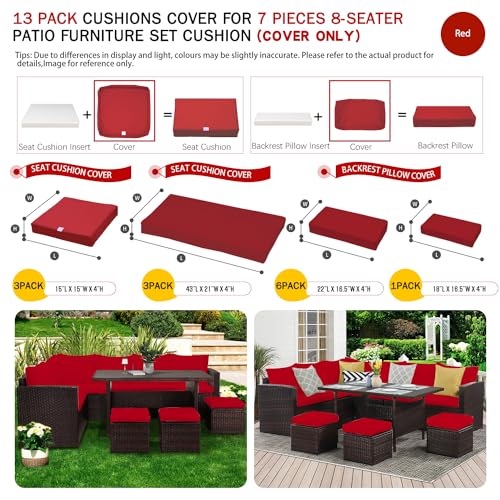 ClawsCover 13Pack Outdoor Seat and Back Cushions Replacement Covers Fit for 7Pieces Wicker Rattan Patio Furniture Set Sectional Couch with Dining Table and Ottoman,Red-Include Cover Only