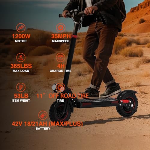 Electric Scooter Adults, 48V 18AH/21AH Battery, 1200W Motor, 35 Mph Top Speed W/ 35 Miles Max Range, 11" Off Road Vacuum Wide Tire, Foldable E Scooter with Seat, Dual Suspension