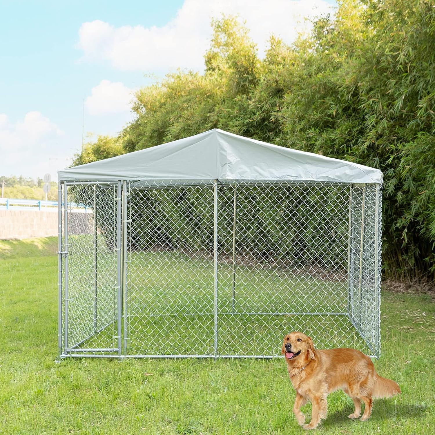 10x10 ft Extra Large Outdoor Dog Kennel, Anti-Rust Dog Cage with Roof, Galvanized Chain Link Dog Runs with Waterproof UV-Resistant Cover Heavy Duty Dog Enclosures Upgraded Secure Lock