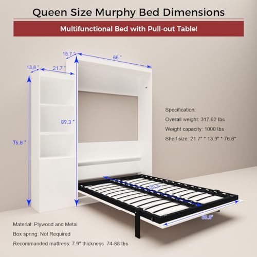 Full Size Vertical Murphy Bed with Shelf and Drawers for Bedroom or Guestroom White Wall Bed Space Saving Hidden Bed Gas Struts (White)
