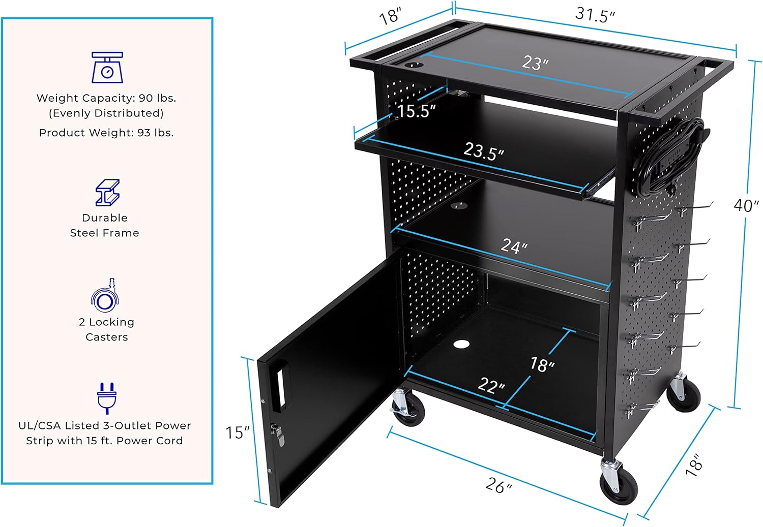 Line Leader Stellar AV Cart | Computer Cart with Pegboard Siding & 12 Hooks for Customizable Storage | Locking Cabinet & Pullout Keyboard Tray | UL Safety Certified Power Outlets | Locking Wheels