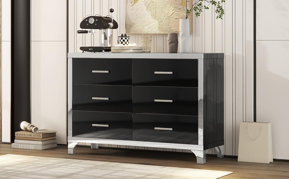 SSLine Modern 6-Drawer Dresser Luxury Elegant Accent Storage Cabinet with 6 Drawers High Gloss 47.2" Wide Chest of Drawer with Mirrored Edge Decor for Bedroom Living Room Nursery(Black)