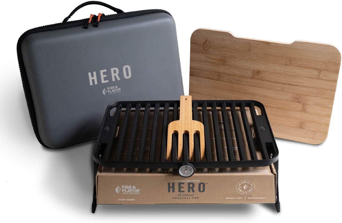 Fire & Flavor Hero System Ultra-Portable Easy Instant Light Charcoal Grilling for Tailgating, Beach RV, Park, Patio, Outdoors with Reusable Eco-Friendly Pod, Bamboo Cutting Board and Carry Case, Multi