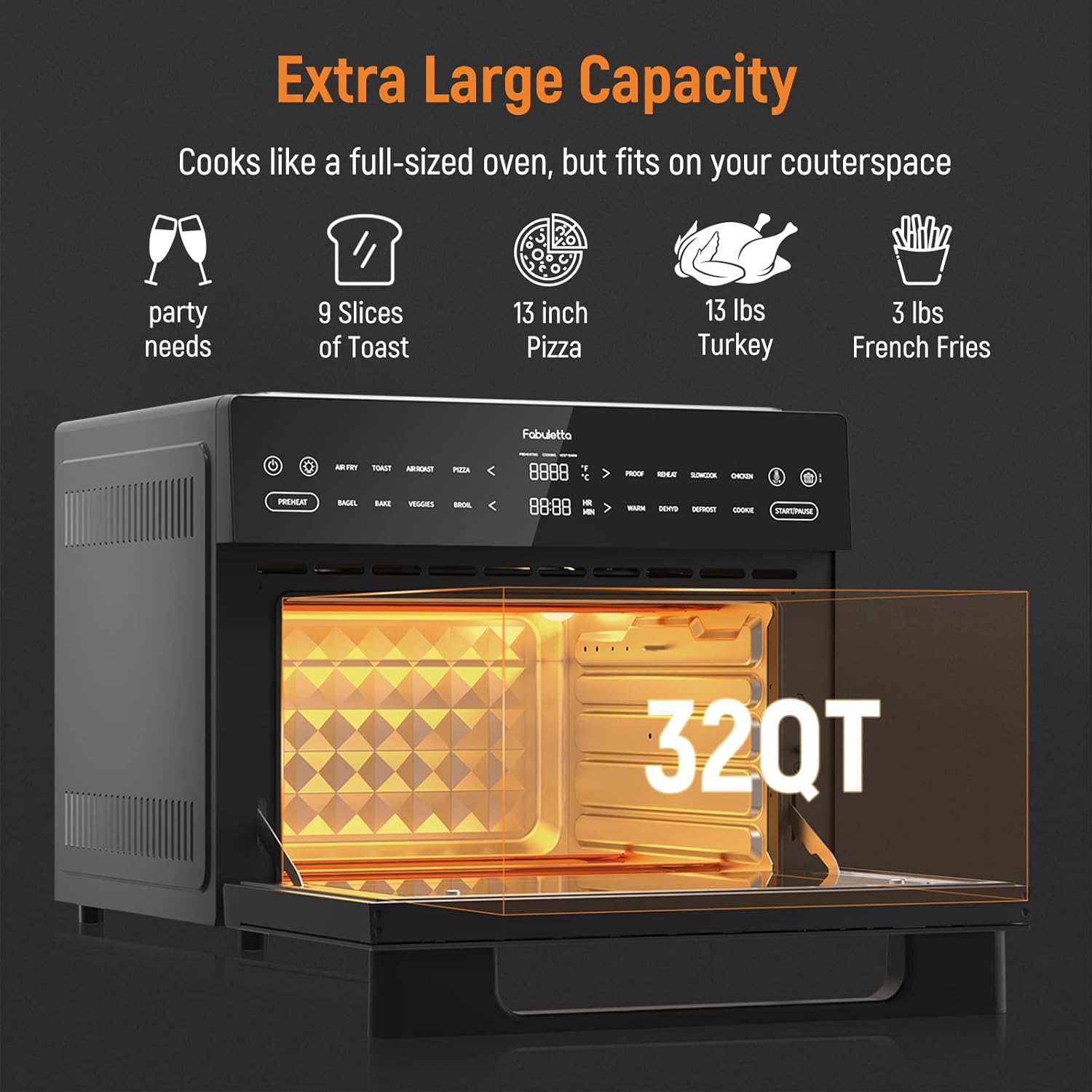 Air Fryer Toaster Oven Combo - Fabuletta 10-in-1 Countertop Convection Oven 1800W, Flip Up & Away Capability for Storage Space, Oil-Less Fit 12" Pizza, 9 Slices Toast, 5 Accessories (30L Black)