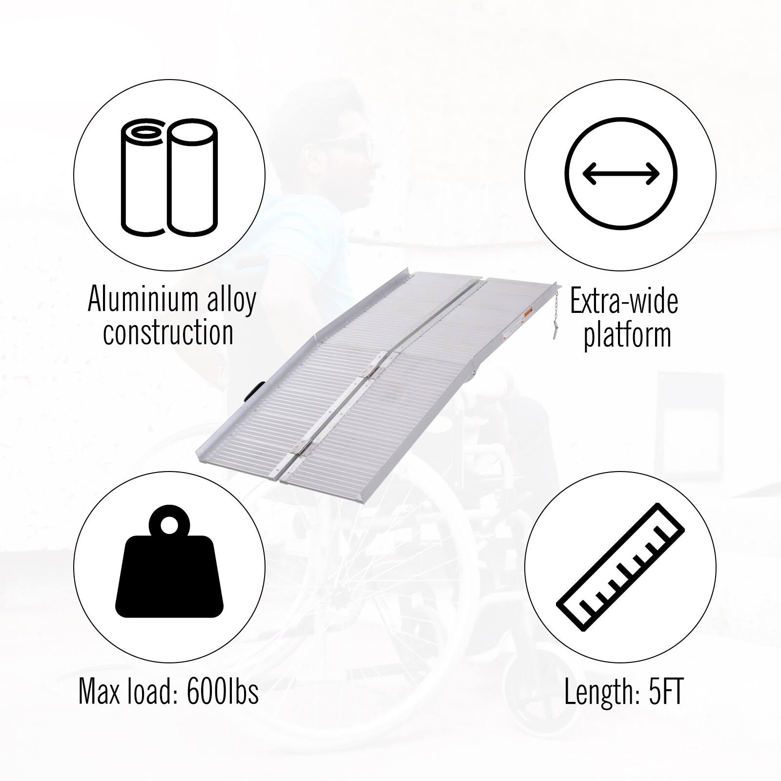 HOMCOM Aluminum Foldable Lightweight Ramp with Side Walls and Carry Handle for Wheelchair Mobility Assistance - 5&