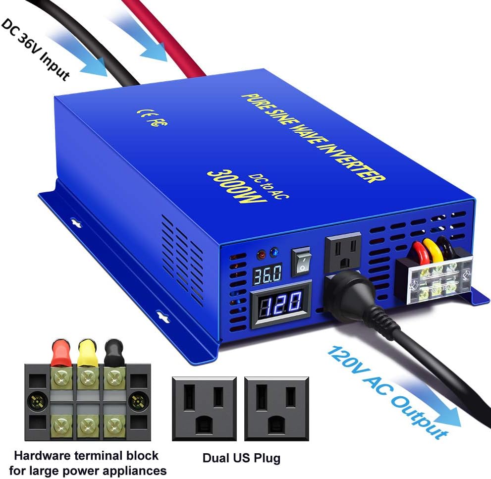 XYZ INVT 2500W Pure Sine Wave Inverter 24v to 110V 120V AC with Wireless Remote Switch, 5000 watt Surge, Power Inverter for Truck, RV Car Camping, Solar System, Grid Off.