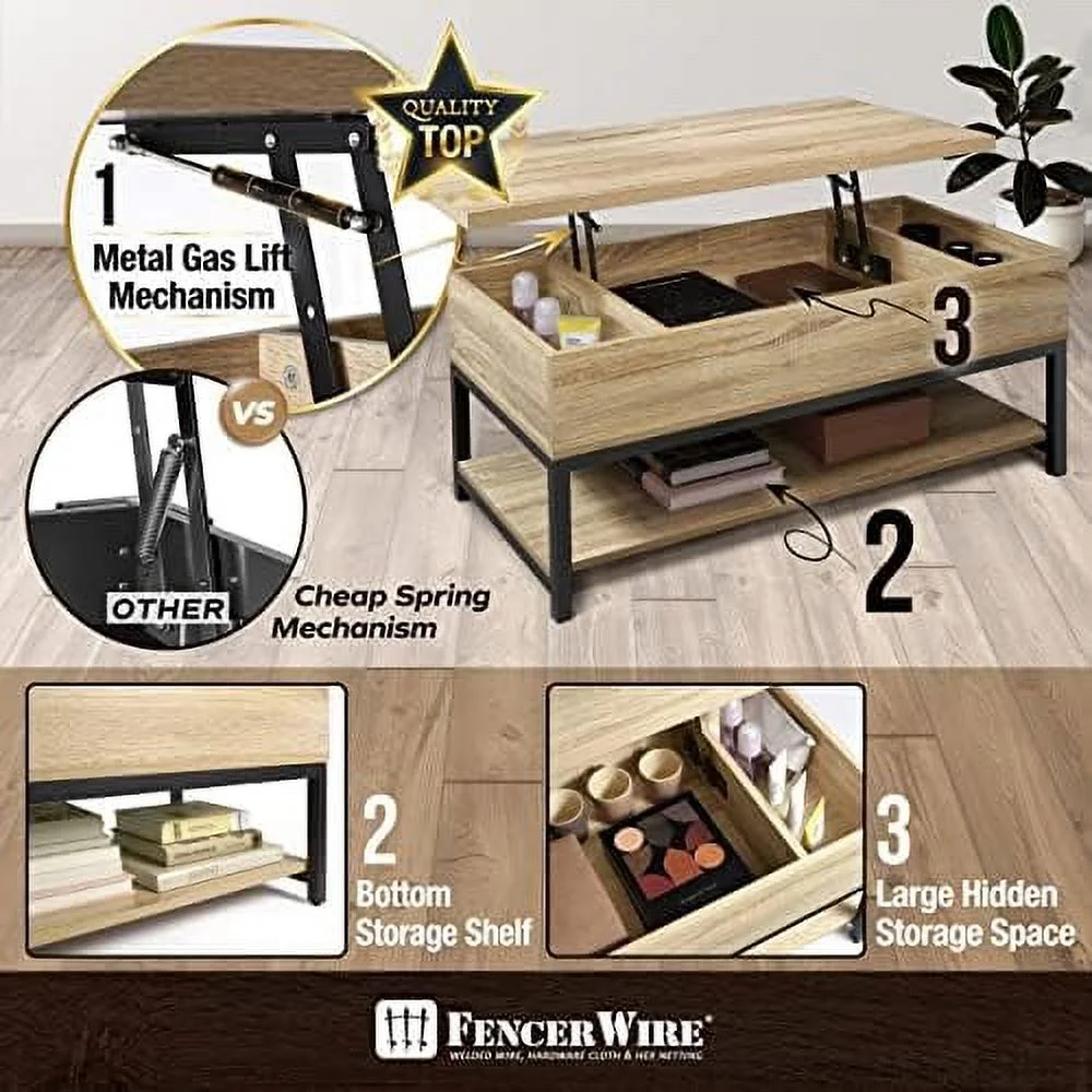 YZboomLife Lift Top Coffee Table w/  Coffee Table w/Bottom Open    Coffee Table w/Lift Top for Living Room  Rising Top Coffee Table w/Hidden Compartment   41" Rustic Oak