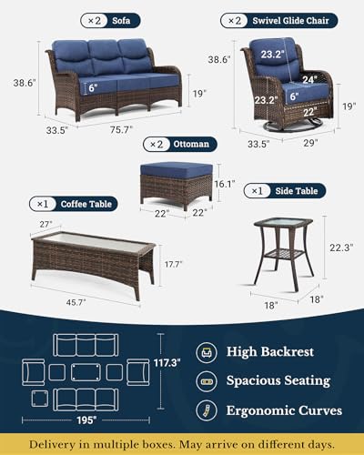 Luxury Patio Furniture Set with 6-inch Thick Cushion, Outdoor Couch and High Back Swivel Rocker Patio Chairs, 7PCS Wicker Conversation Set for Deck, Yard, and Poolside in Blue (V2)