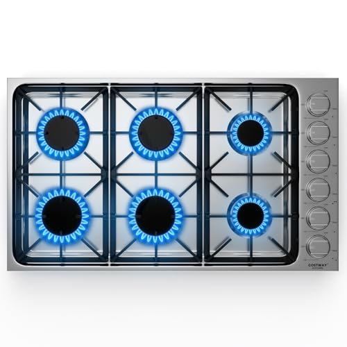 COSTWAY Gas Cooktop, Stainless Steel Gas Stove Top with Burners, ABS Knobs and Cast Iron Grates, NG/LP Convertible Gas Range Top with Sealed Burners for Kitchen, Easy to Clean, Silver