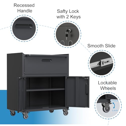 Garage Storage Cabinet Wall Cabinet with 2 Doors,Lockable Tool Cabinets Wall Mounted with Adjustale Shelves,Heavy Duty Steel Hanging Cabinets for Warehouse Kitchen Laundry,Assembly Required