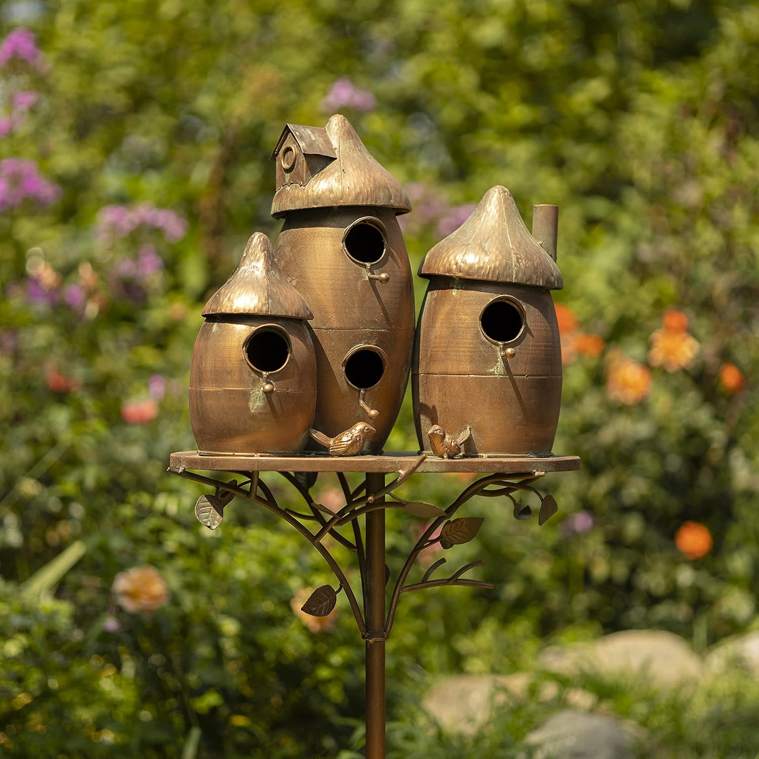 Zaer Ltd. Large Copper Colored Multi-Birdhouse Stakes, Room for 4 Bird Families in Each (Castle Home)