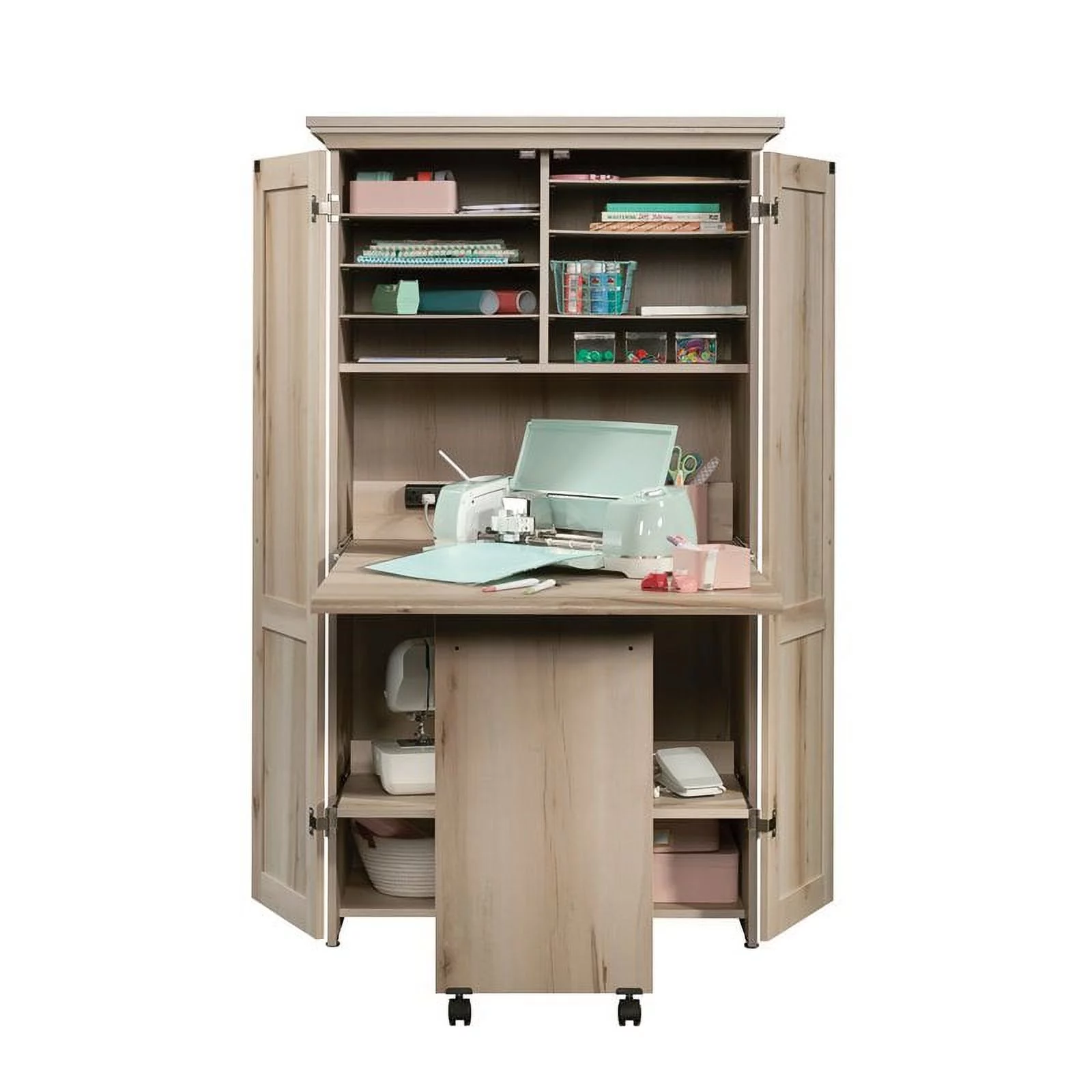 Pemberly Row Engineered Wood Multi-Purpose Storage Craft Armoire in Maple