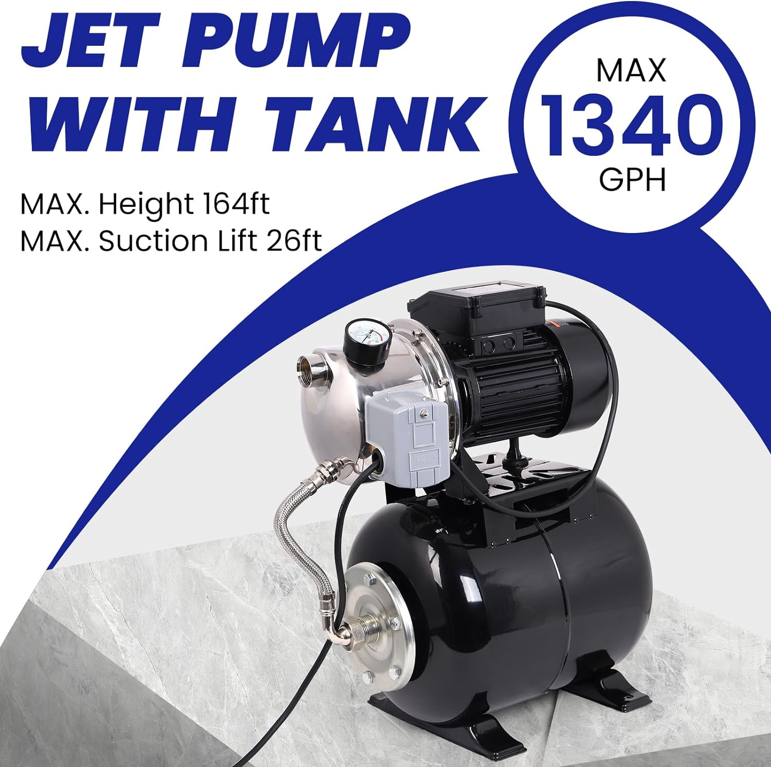 1.6HP Shallow Well Pump with Pressure Tank, 1340GPH Stainless Steel Irrigation Pump, 115V Automatic Water Booster Jet Pump for Home, Garden, Farm, Lawn Sprinkler Systems