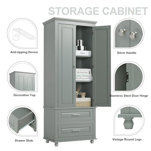 Polibi Tall Storage Cabinet with 2 Drawers, 3-Tier Adjustable Shelves & 2 Doors, Floor Freestanding Cabinet for Bathroom, Living Room, Grey