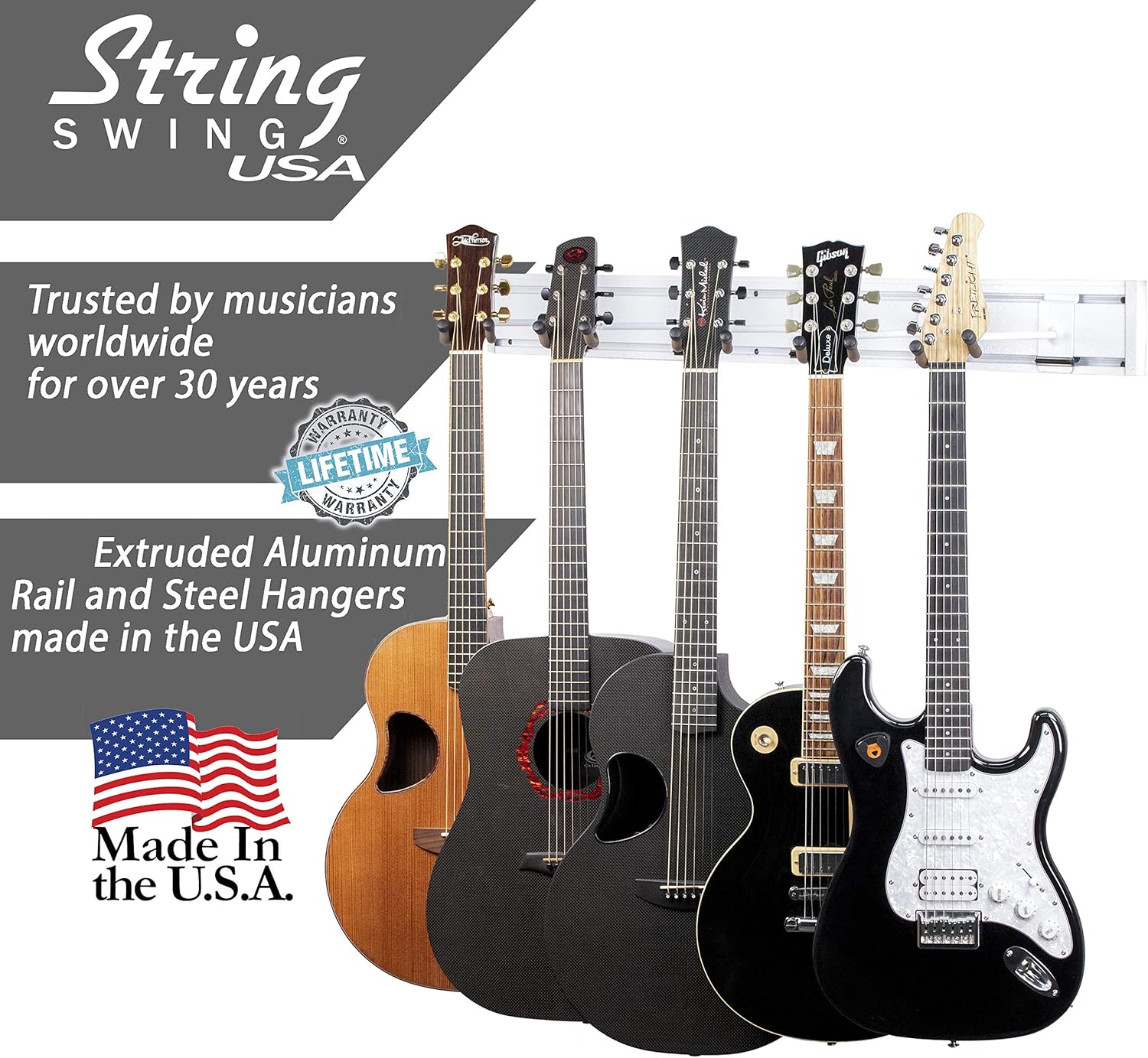 String Swing Guitar Wall Mount Rack Holds 5 Acoustic, Electric or Bass Guitars SW5RL-W-K