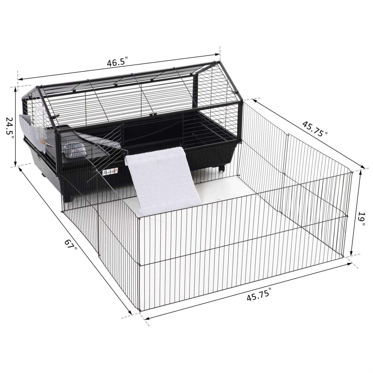 PawHut Rolling Metal Rabbit Guinea Pig or Small Animal Hutch Cage with Main House and Run - Pet Supplies online store
