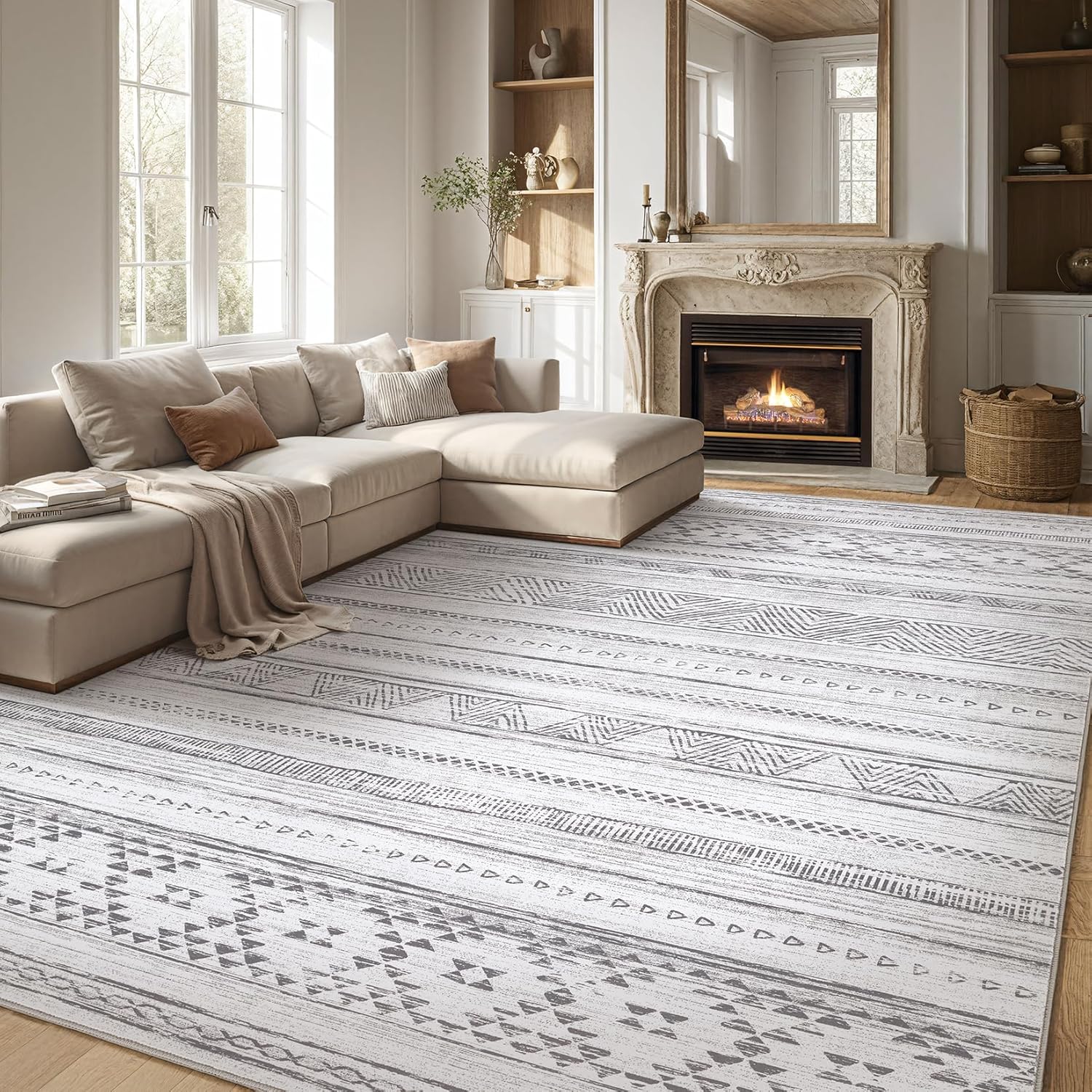 9x12 Area Rugs, Washable Rugs for Living Room, Large Soft Boho Neutral Geometric Moroccan Rug for Bedroom Dining Room, Non Slip Indoor Thin Carpet for Home Office, Cream Grey