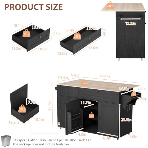 Kitchen Island on Wheels with Storage, Rolling Kitchen Islands with Drop Leaf&Power Outlet, Mobile Kitchen Island Cart with Trash Can Storage, Spice Rack, Towel Rack, Storages Cabinet ,Drawers