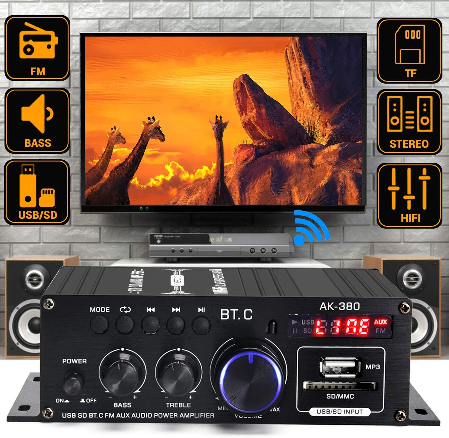 Facmogu AK380 400W+400W Mini Audio Power Amplifier, 2.0 CH Bluetooth 5.0 Receiver Speaker Amp with 12V 5A Power Supply, Bass & Treble Control Music Player Sound Amplifier for Car Home Garage Pack of 2