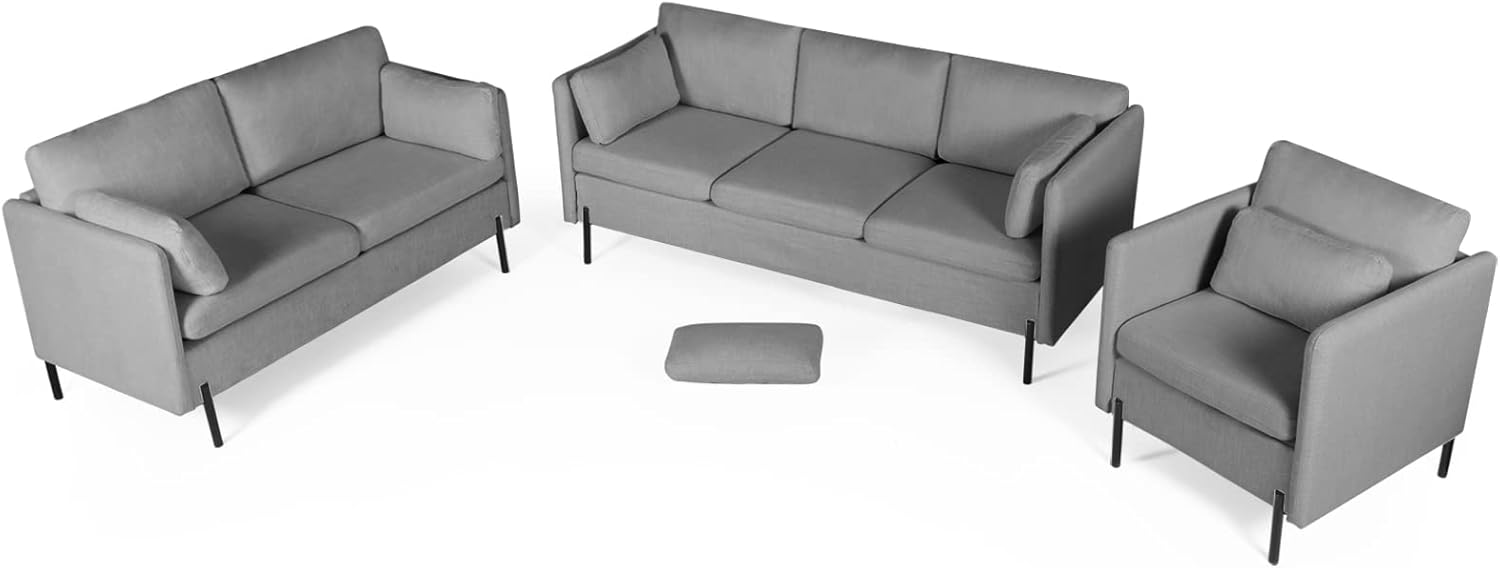 3 PCS Living Room Sofa Set, Modern Upholstered Armchair Loveseat Couches w/Rectangle Pillows, Including 3-Seater Sofa, Loveseat and Sofa Chair, Sectional Sofa Set for Office, Bedroom, Apartment Grey