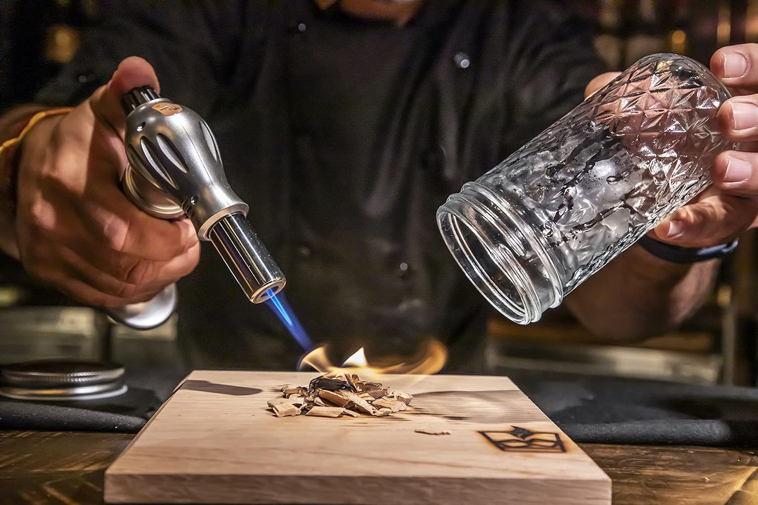 Smoked Cocktail Kit. The only Complete 7 Piece Home Bartender Kit with Carrying case and Torch Included! Handcrafted White Oak Smoking Board with 3 Different Wood Chips Including Mason jar and case.