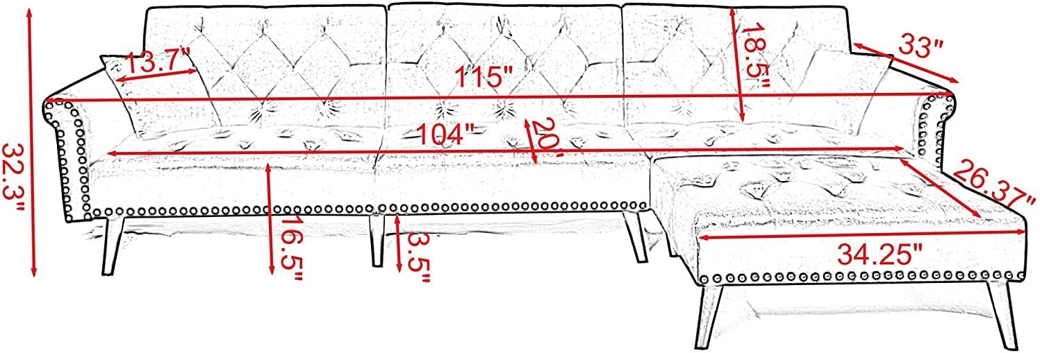 Convertible Sectional Sofa L Shape Couch Sleeper Bed Black Velvet with Wood Legs for Living Room Furniture