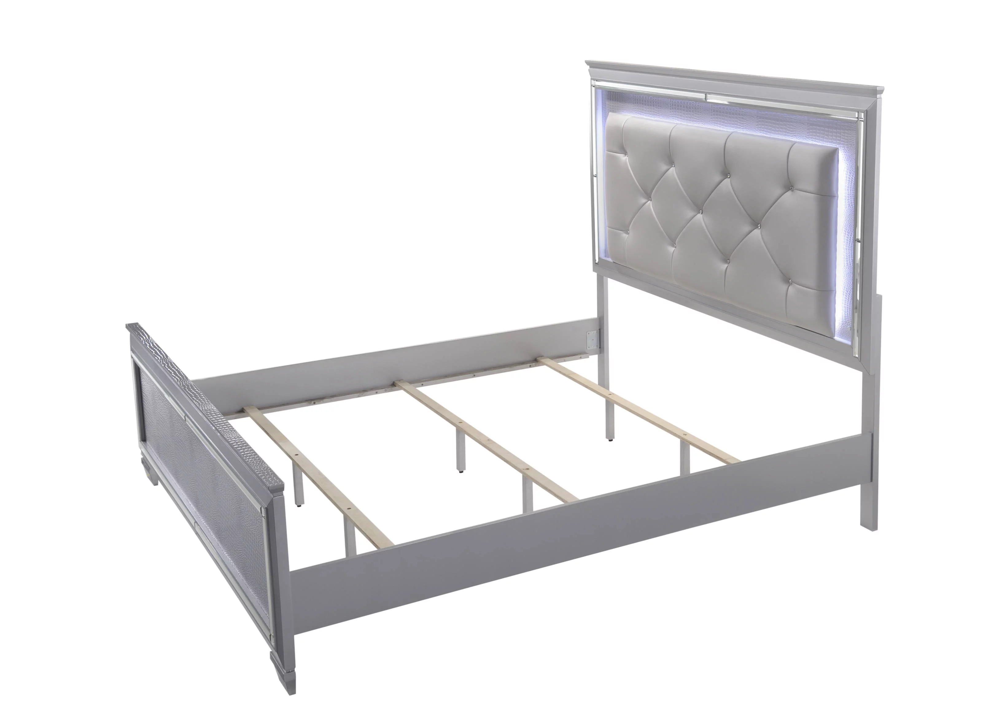 Contemporary Silver Finish 6pc Queen Size LED Backlit Upholstered HB Bed Dresser Mirror Nightstand Chest Wooden Bedroom Furniture Set