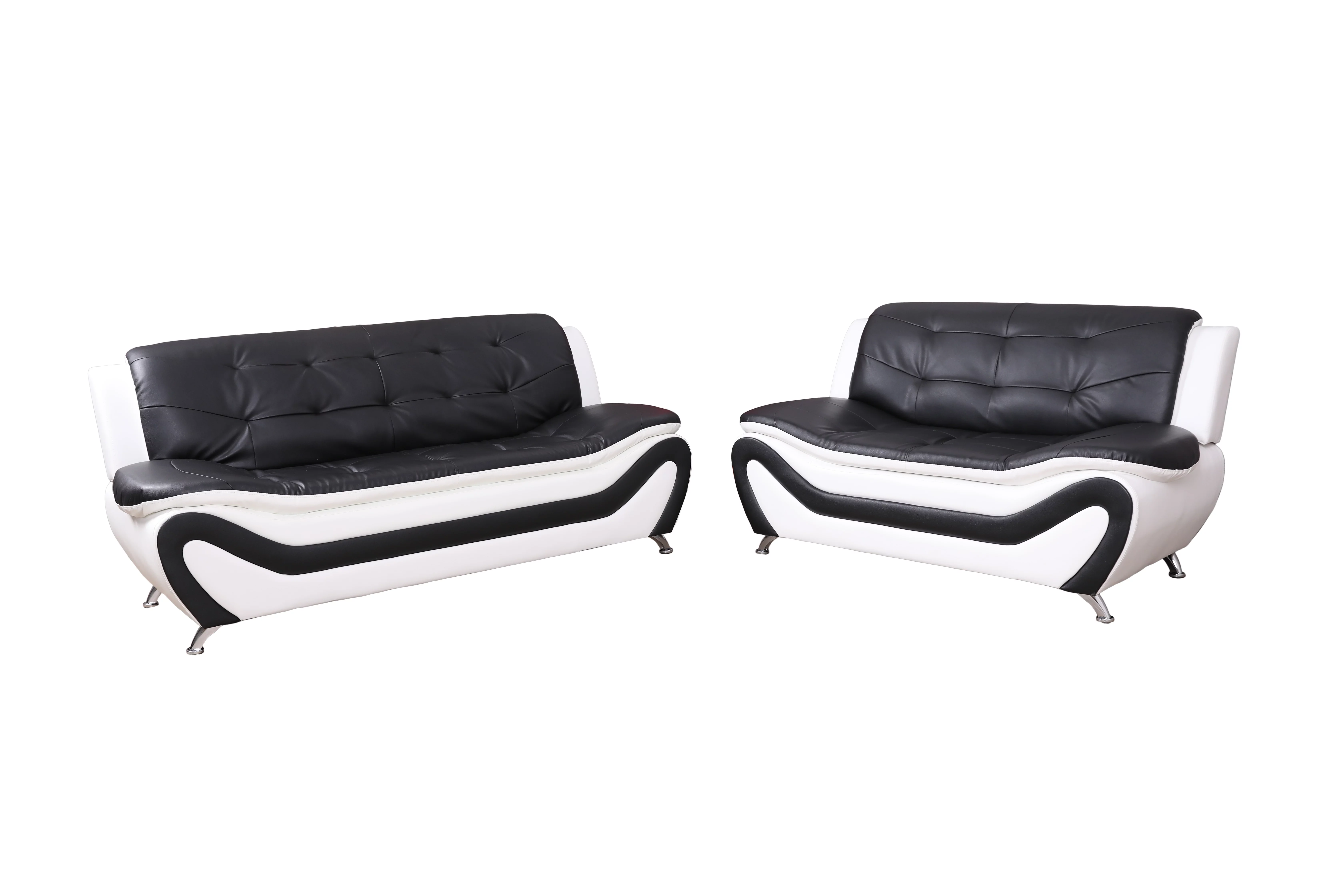 Frady 3 pc Black and White Faux Leather Modern Living Room Sofa set