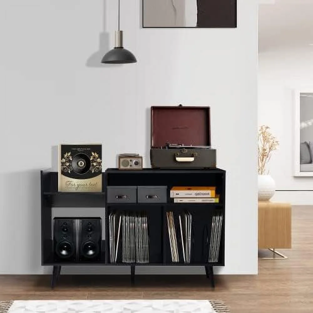 TJUNBOLIFE Record Player Stand  Mid-Century Modern Vinyl Record  Cabinet Table with Wood Legs  Turntable Stand Record Holder Holds Up to 300 Albums for Living Room  Bedroom (Black)