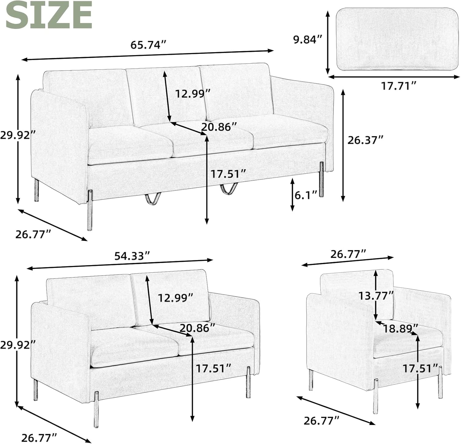 3 PCS Living Room Sofa Set, Modern Upholstered Armchair Loveseat Couches w/Rectangle Pillows, Including 3-Seater Sofa, Loveseat and Sofa Chair, Sectional Sofa Set for Office, Bedroom, Apartment Grey