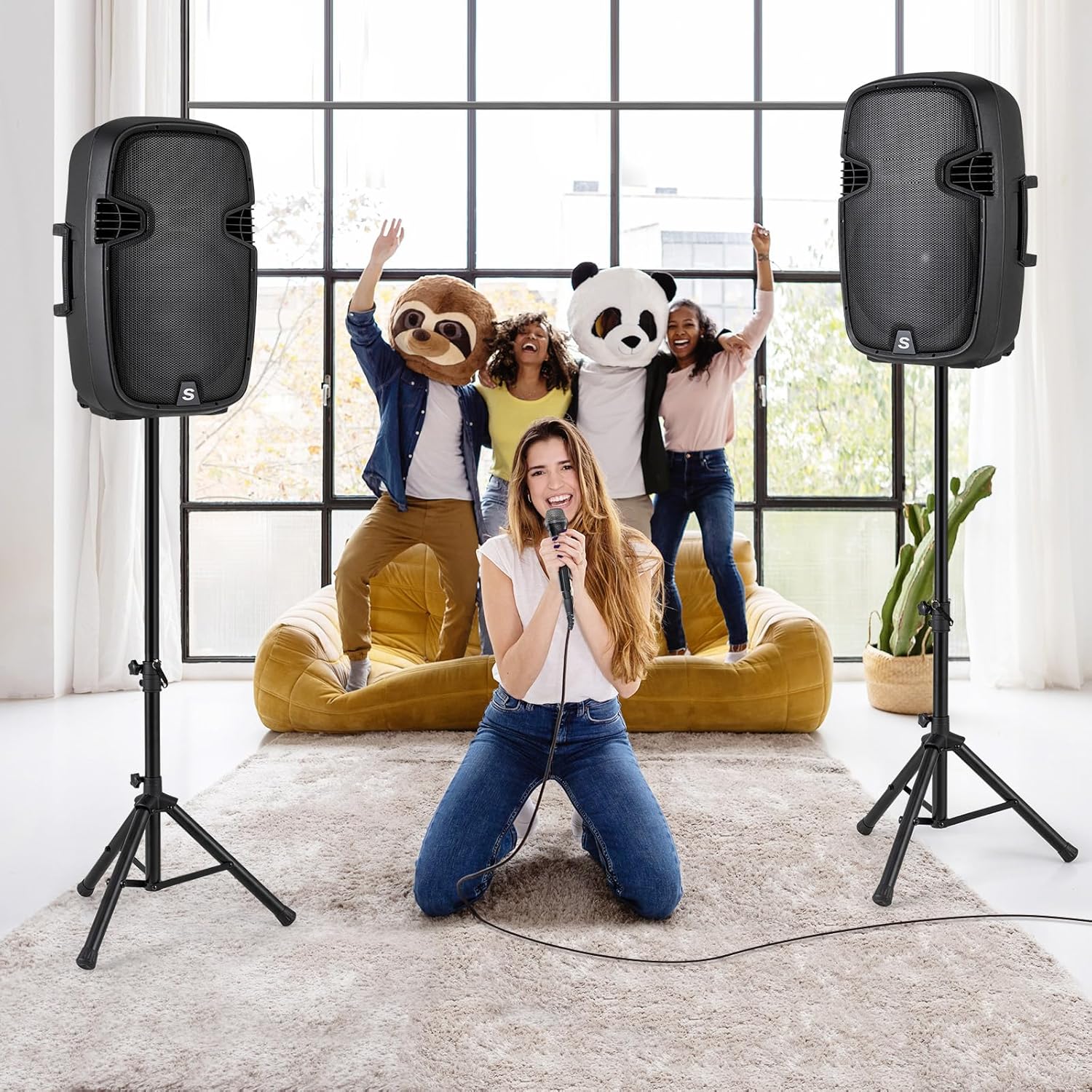 GOFLAME Portable 15" PA Speaker System Set, 3000W 2-Way Loudspeaker with Active + Passive Speaker, High Powered DJ Speaker with Bluetooth, USB/SD Card Reader, Stands, Microphone, Remote Control