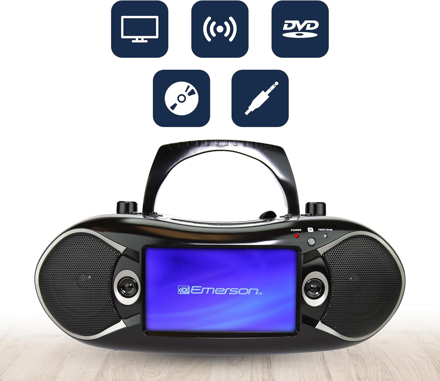 Emerson 7” Bluetooth DVD Boombox with AM/FM Radio & Digital TV, Portable Multimedia Player with 7" LCD Screen, HDMI, Bluetooth, USB/SD Playback, Twin Speakers, Black