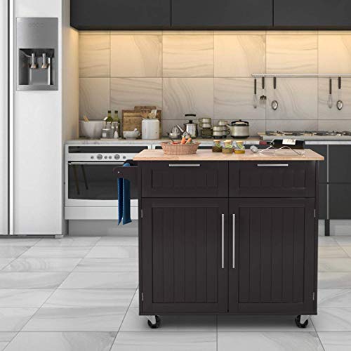 SILKYDRY Kitchen Island with Storage, Kitchen Storage Trolley w/Adjustable Shelves, Rubber Wood Top, Towel Rack, Large Drawers & 2-Door Cabinet, Rolling Kitchen Cart Lockable Island Table