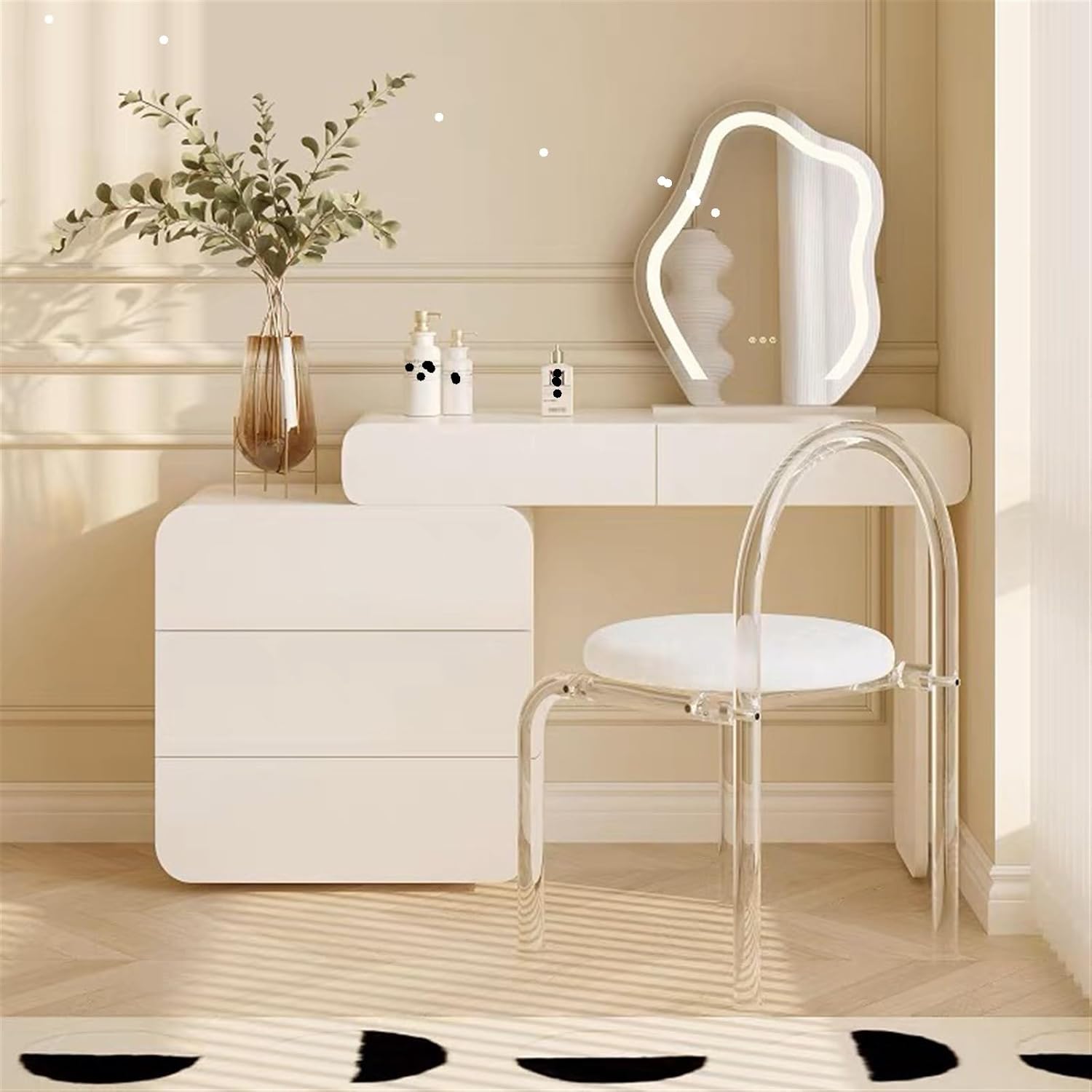 Vanity Desk Modern White Vanity Set with 5 Drawers, Makeup Mirror and Acrylic Transparent Chair, Makeup Vanity Perfect for Wife Girlfriend Fashionable Girls Makeup Dressing Table