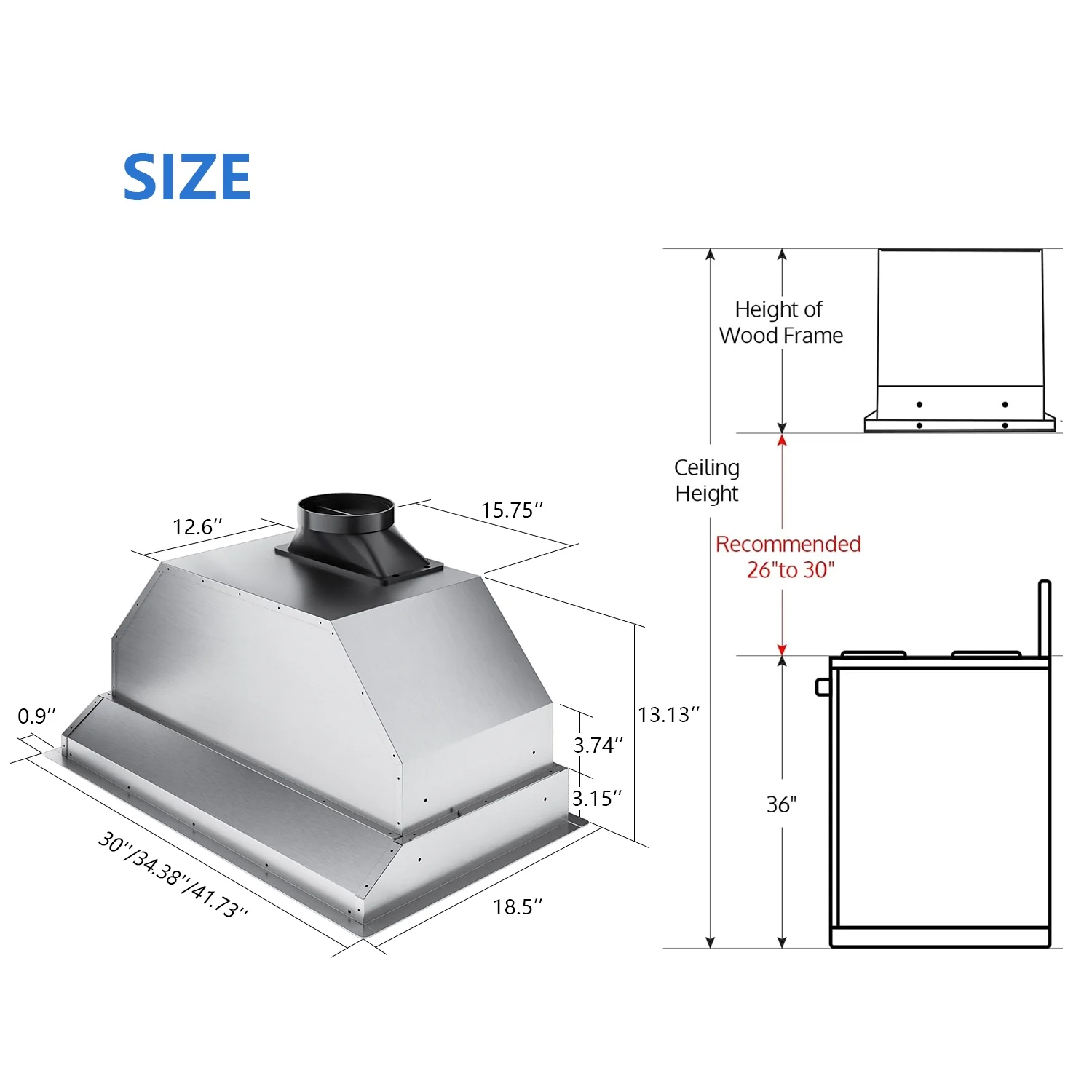 IKTCH 36 inch Built-in/Insert Range Hoods 900 CFM, Ducted/Ductless Convertible Duct, Stainless Steel Kitchen Vent Hood with 2 Pcs Adjustable Lights and 2 Pcs Baffle Filters with Handlebar