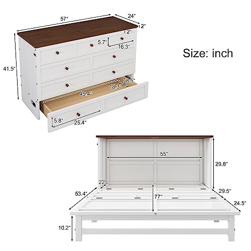 Murphy Bed Cabinet Queen Size with Bookcase and Drawer Bedside Shelves Combo/Charging Station,Space-Saving Foldable Murphy Chest Cube Bed-White