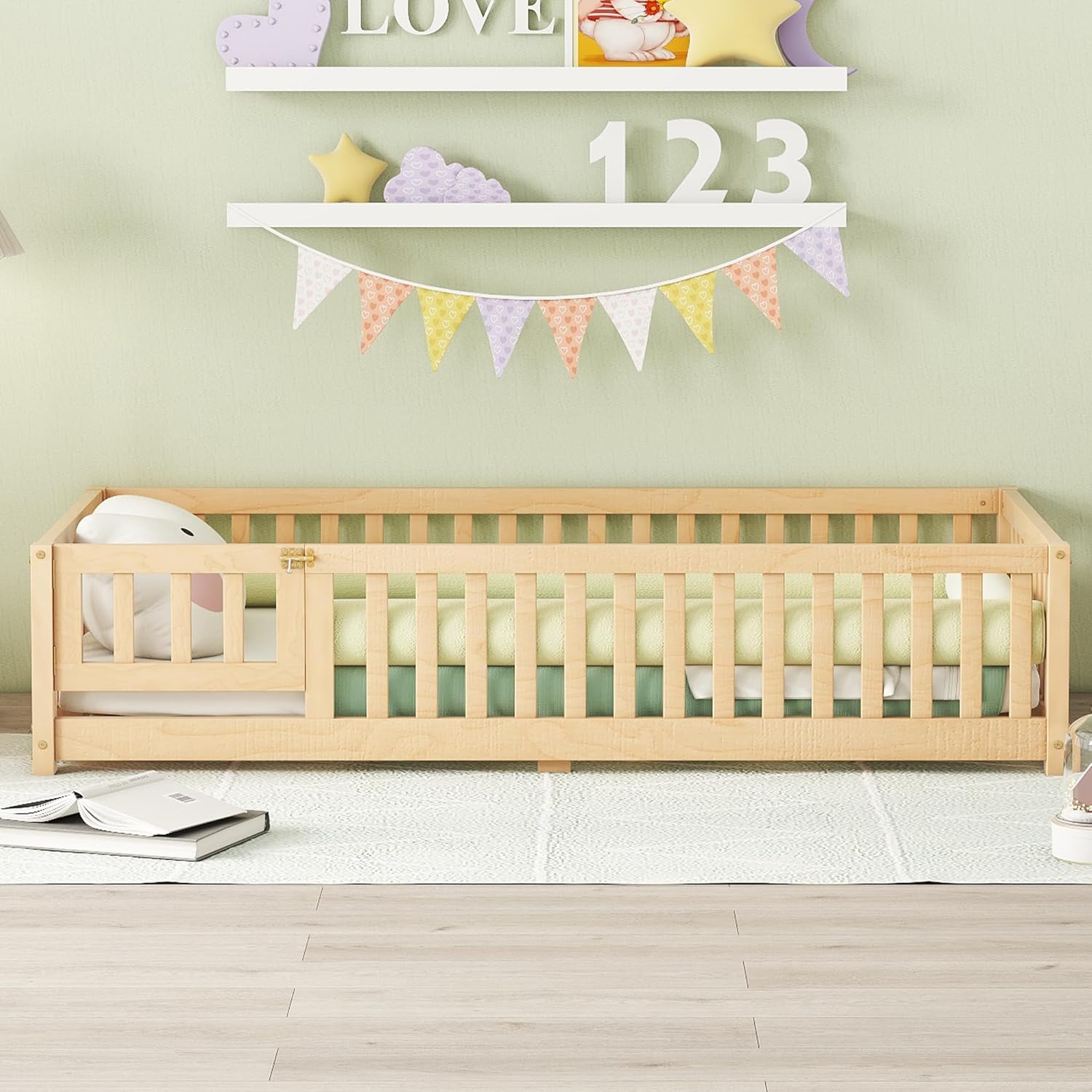 VOXIV Twin Size Montessori Floor Bed,Twin Size Floor Bed with Door and Fence, Floor-Bed-Frame for Children Bedroom,Toddlers, Boys Girls,Easy Assembly,Natural
