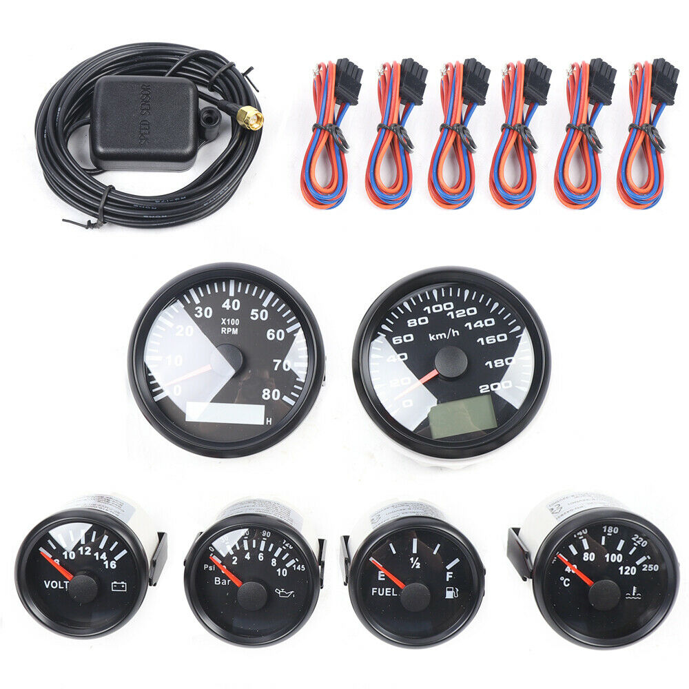 ZhdnBhnos Universal 6 Gauge Set Digital Speedometer Tacho Fuel Level Gauge Water Temp Volts Oil Pressure For Car Marine Boat Truck Black