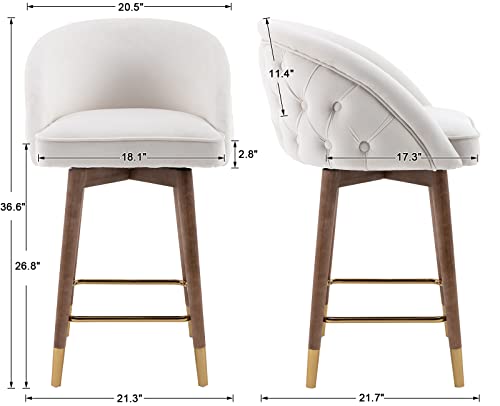 Guyou 26” Swivel Velvet Counter Stools Set of 2, Upholstered Counter Height Bar Stools with Tufted Back Kitchen Island High Chairs with Wood Legs and Gold Footrest for Pub Home Bar Dining Room (Black)