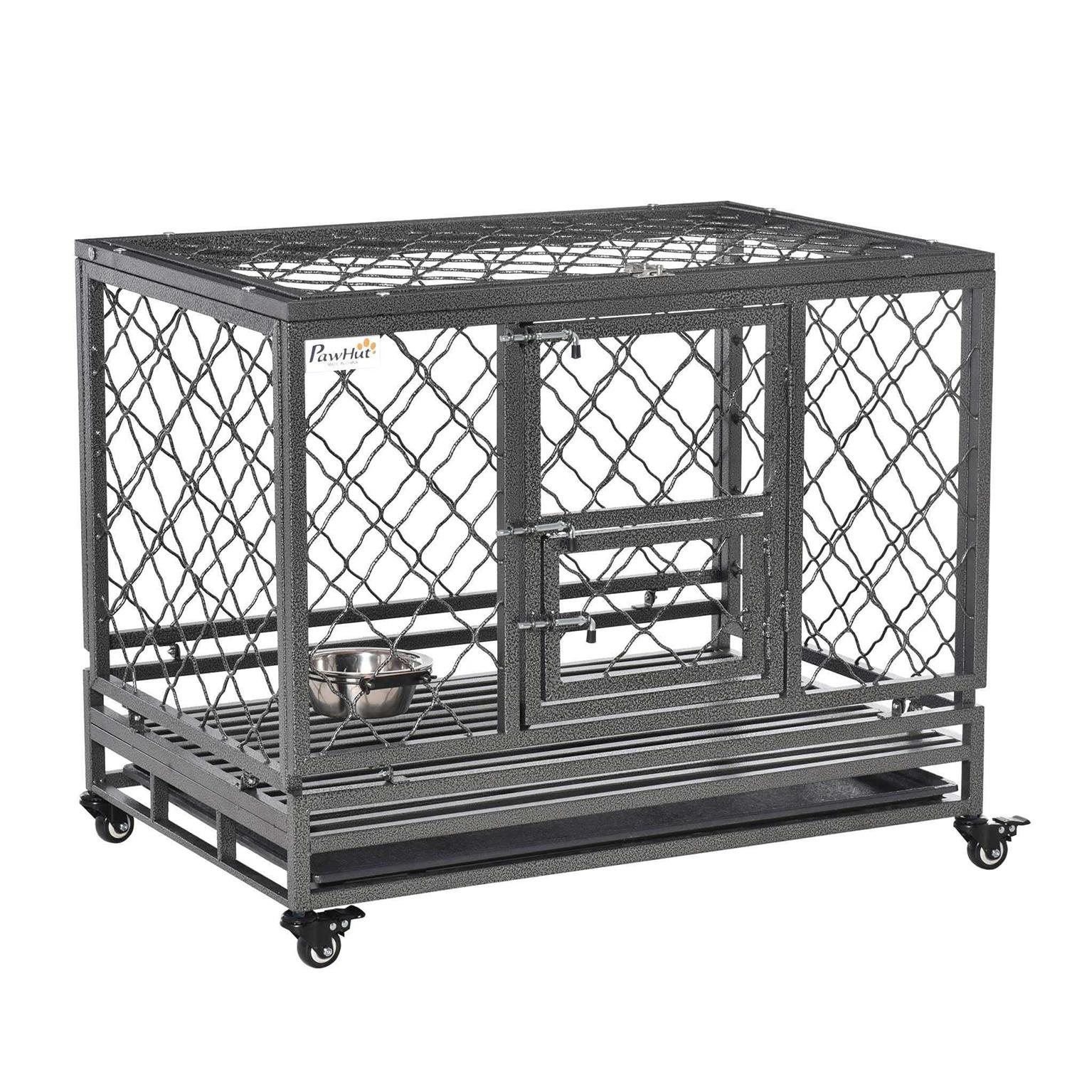 Pawhut Heavy Duty Dog Crate Metal Kennel and Cage Dog Playpen with Lockable Wheels, Slide-out Tray, Food Bowl and Double Doors - Pet Supplies online store
