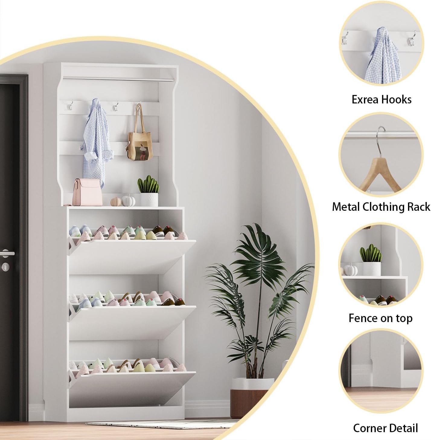 Shoe Cabinet Storage for Entryway, Shoe Storage Cabinet with 3 Flip Drawer, White Slim Freestanding Narrow Hidden Shoe Organizer Cabinet, Tall Wood Modern Shoe Cabinet with Coat Rack for Hallway White