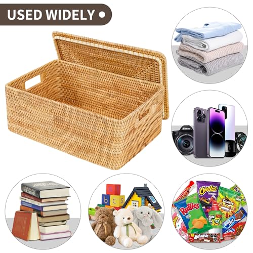 Rattan Basket With Lid,Large Storage Basket Lidded,Rattan Box For Shelf (16" L×13"W×12"H)