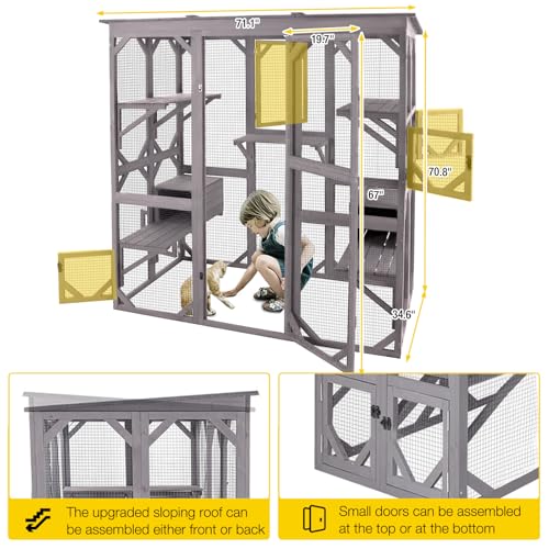 Aivituvin Catio Outdoor Cat Enclosure Large Cat House for Mulitiple Cats Walk in Kitty Cage with Tarp Roof 70"