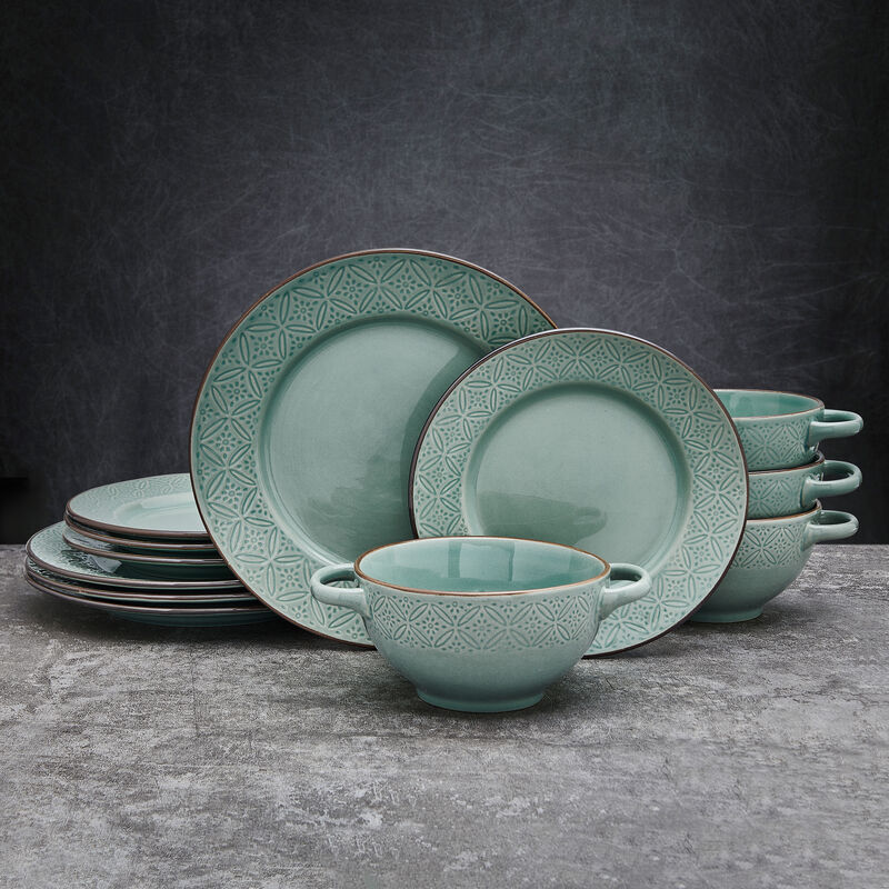 Pfaltzgraff Kori 12 Piece Stornware Dinnerware Set Sage