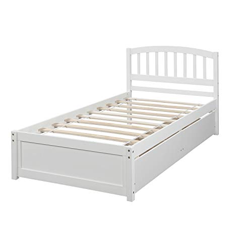 Twin Size Platform Bed with 2 Storage Drawers, Solid Wood Twin Bed Frame with Slat support and Headboard for Kids, Teen, Adults, No Box Spring Needed(Twin, White)