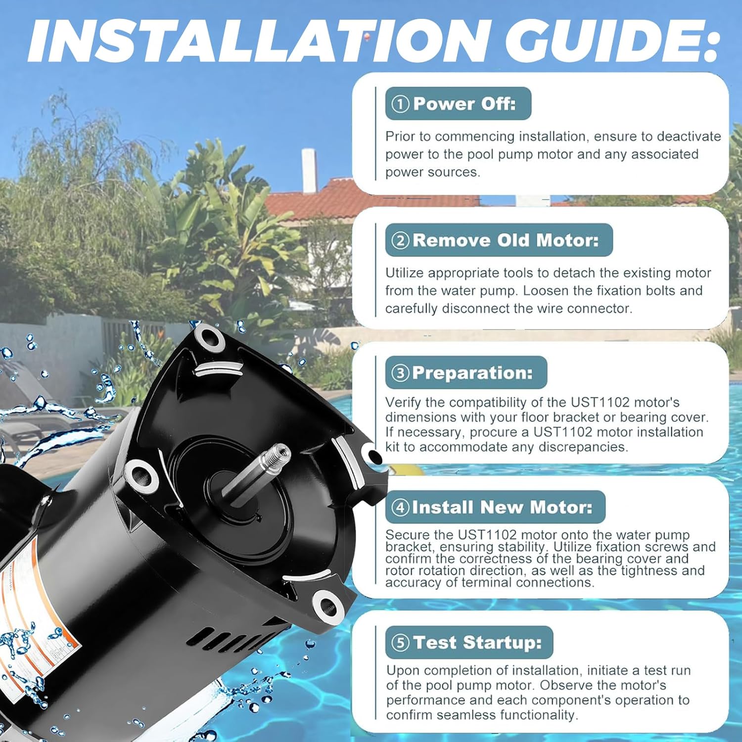 B2853 Pool Pump Motor 1HP Fits for Sta-Rite, Hydro-Tech, Premier, Aquaflo, Red jacket, Sears, Pac Fab and Pentair Pumps. 230/115V, for 56Y Frame, Square Flange Pool Motor