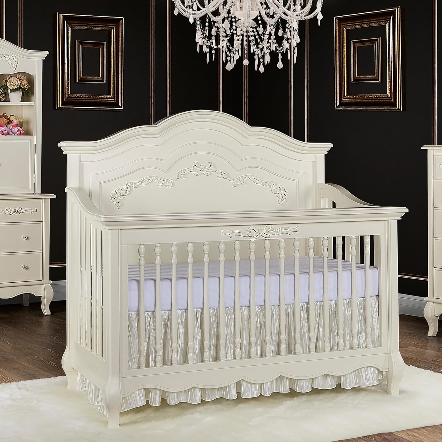 Evolur Aurora 5-in-1 Convertible Crib and Change Tray Set for Nursery Furniture Collection, Features Intricate Ribbon Bow Scrollwork