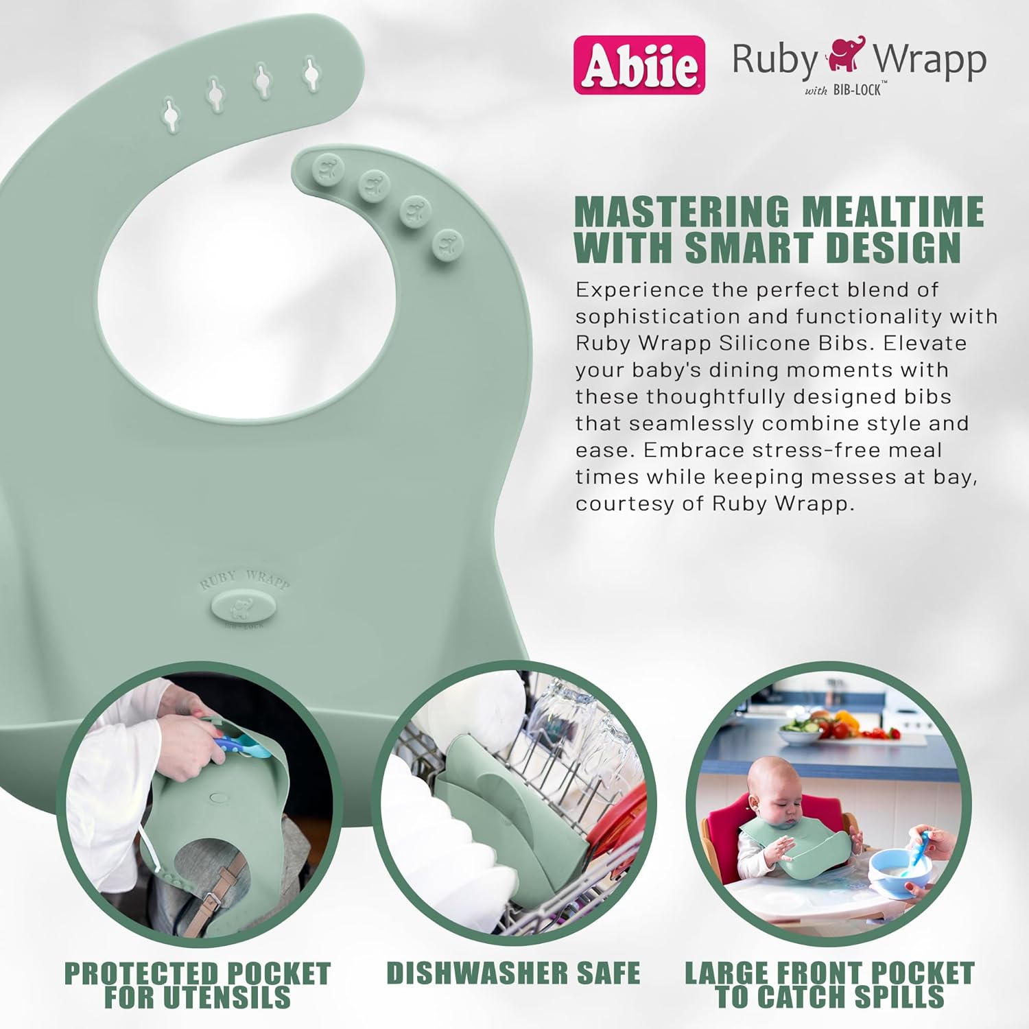 Abiie Beyond Junior Natural Wood/Blue Cushion Convertible 3-in-1 Wooden High Chairs for 6 Months to 250 lbs, and Ruby Wrapp Sage Green Waterproof Silicone Bibs with Front Pocket - Baby Essentials