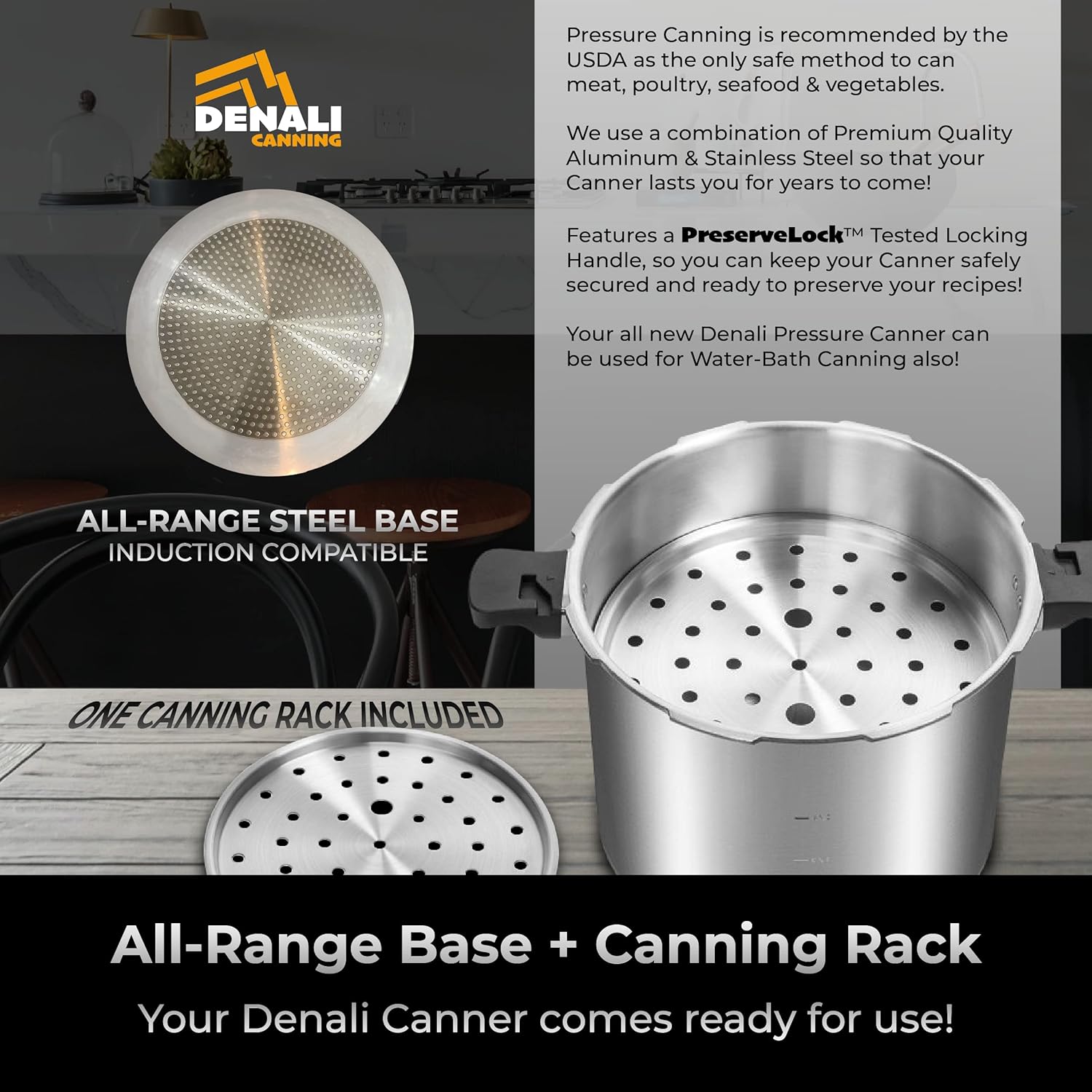 23 Quart Pressure Canner & Cooker | Induction Compatible | Pressure Gauge & Pressure Regulator | Aluminum & Stainless Steel | Denali is a USA Company